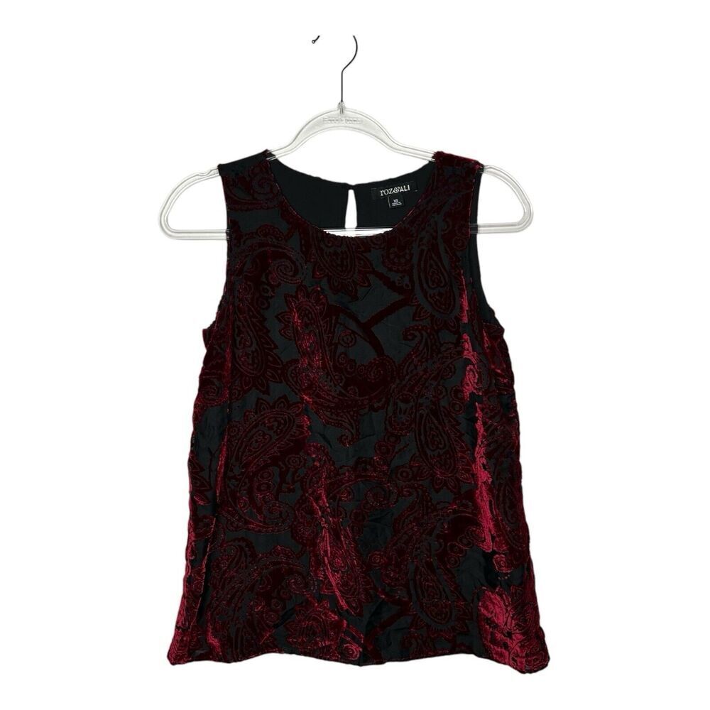 Roz & Ali Top Womens XS Velvet Burnout Red Black Whimsigoth Paisley Keyhole Back